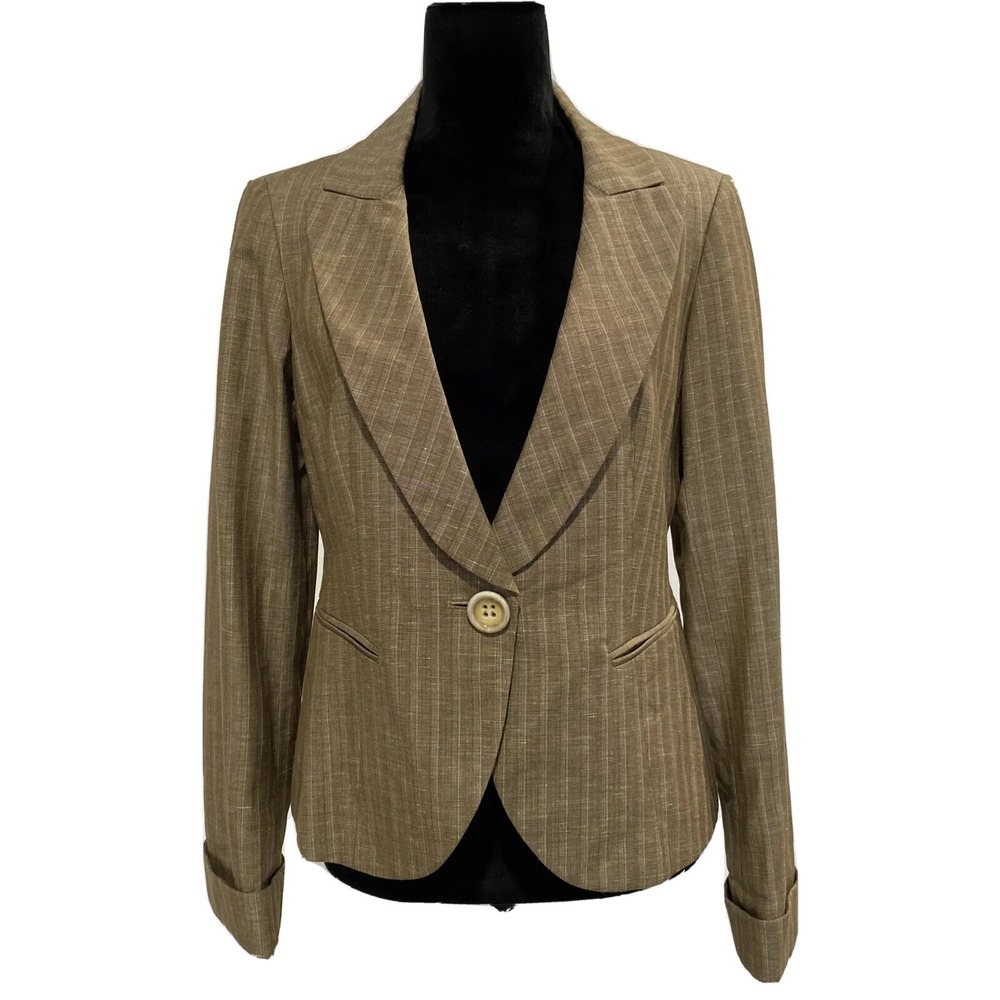Lafayette 148 Blazer 4 Brown Beige Woven Virgin Wool Linen Button Jacket Career